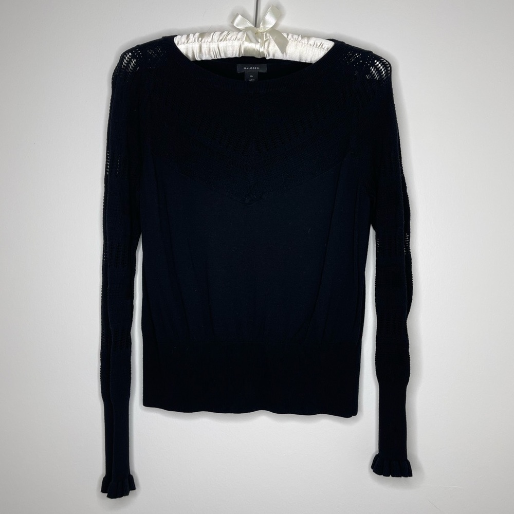 Halogen Black Lightweight Open-Stitch Ruffle Sleeve Sweater M